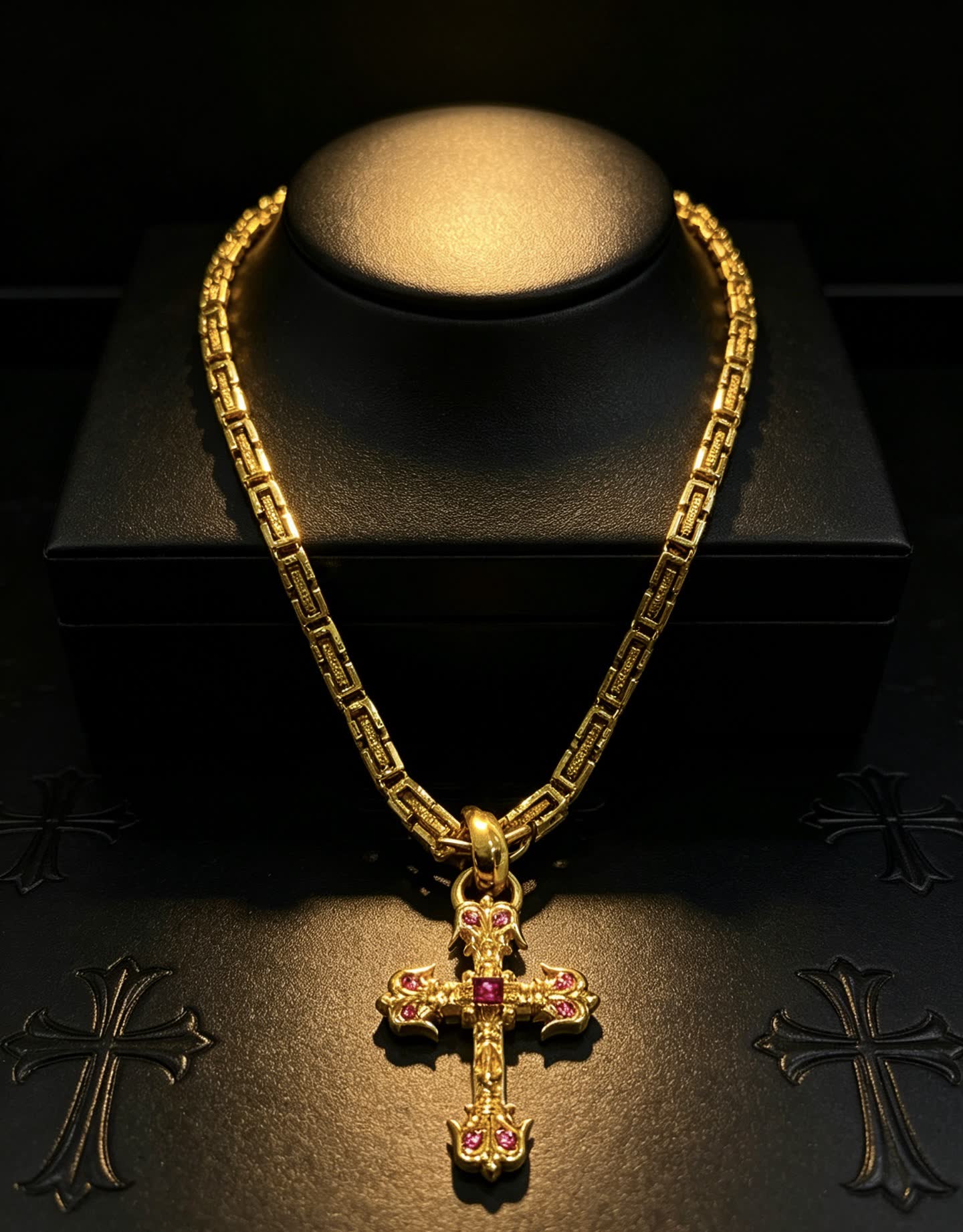 Chrome Hearts Gold Plated Cross Pendant with Ruby Stones